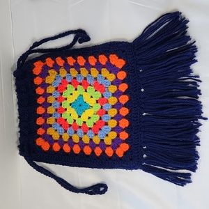 Homemade crochet bag Multicolored Vintage Retro Drawstring Fringe